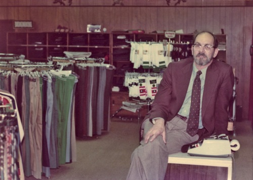Montevallo native Zane Nathews in his men's store on Main Street in 1984. Zane opened his store in the Masonic temple building in the space formerly occupied by Times Printing Co. until they moved into their new space in the basement of the Whaley Shopping Center around 1960.